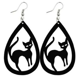 NEW Black Leather CAT Fish Hooks Dangling Earrings Goth Halloween